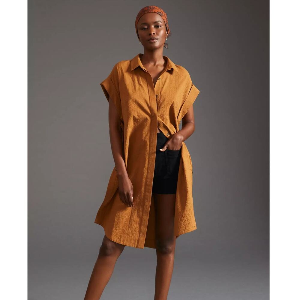 Anthropologie Maeve Side-Slit Cotton Collared Tunic Dress Mustard Yellow L - Picture 1 of 12